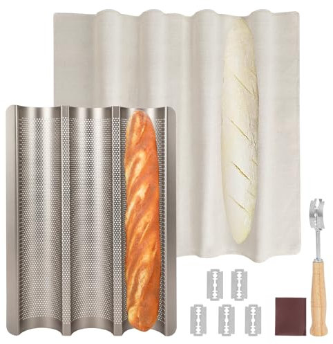 Barlket Baguette Bread Pan, Perforated French Bread Baking Pan, Nonstick 3 Loaf Bread Pans for Baking, with Baguette Kit – Includes Proofing Cloth & Dough Cutter, 15x11 Inch Gold