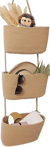 AARAINBOW Wall Hanging Cotton Baskets - Large 3 Tier Decorative Baskets for Wall, Nursery, Bathroom (B-Brown)