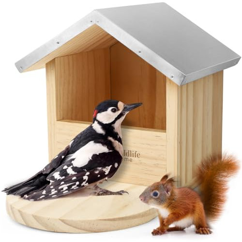 WILDLIFE HOME Großes Robustes Vogel-Futterhaus speziell auch für große Vögel wie Spechte, Elstern und Eichhörnchen & Co. I Aus Massivholz mit Metall-Dach, Futterstation, Vogelhaus, Futterspender