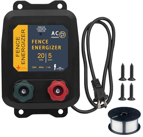 Electric Fence Energizer with 250 Ft 17 Gauge Aluminum Wire, 5 Miles/ 20 Acres 0.2 Joule Electric Fence Charger Plug-in Design for Preventing Raccoons, Livestock, Chicken Coops, Skunks intruding
