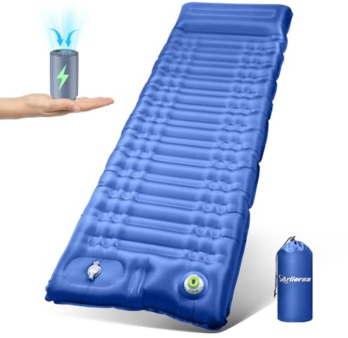 Arlierss Matelas électrique auto-gonflant 12 cm d'épaisseur pour camping avec coussin, ultra léger, imperméable, antidérapant, matelas d'air pour extérieur, voyage, plage - Bleu