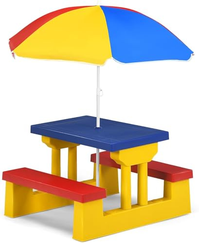 COSTWAY Tavolo da Picnic per Bambini con Parasole Pieghevole, Set di Tavolo e Panche per Festa e Picnic (Colore 1)