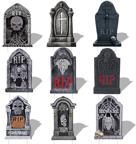 9 Pcs Halloween Gravestones Decorations Outdoor Tombstones Grave Props 17 Inch Halloween Vintage Cemetery Yard Signs With Stakes Realistic Garden Family Lawn Party Terror Haunted Tombstones Decoration