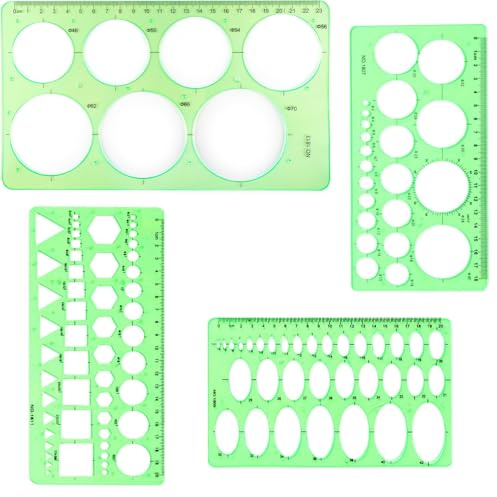 LEOUEANR Juego de 4 plantillas circulares, herramienta de dibujo geométrico de plástico verde y plantilla de regla para hacer patrones de ropa, manualidades y diseño técnico