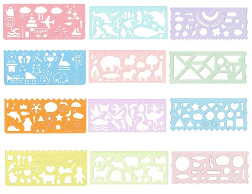 Lahkvor 12 stencil da pittura per bambini, 4 modelli da disegno con animali e piante e 4 stencil per pittura per bambini con forme geometriche con righello da 15 cm