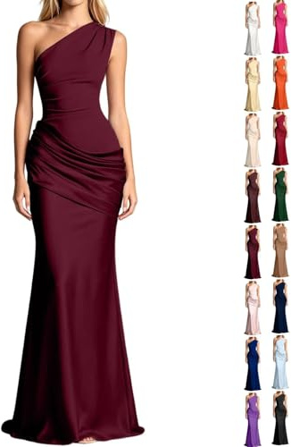 Robe de Cocktail Femme Bordeaux Verte Longue Mariage chic Maxi Robes à Épaules Dénudées En Satin Sexy Robe Moulante Slim Bodycon Sexy Élégant Couleur Unie Princesse Robes Fête Longue Party Bal Gala S
