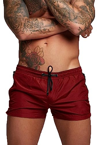 TMEOG Maillot de Bain Homme Short de Bain Caleçon de Bain Piscine Short de Plage Shorty de Bain Boxer Mayo de Bain pour Homme avec Poche Zippée(L,Rouge)
