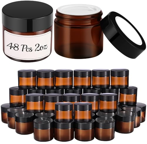 2 oz Glass Jars with Lids, 48 Pcs Bumobum Small Amber Glass Candle Jars with Black Lids, White Labels & Inner Liners, Empty Round Cosmetic Containers for Cream, Lotion, Slime, Ointment