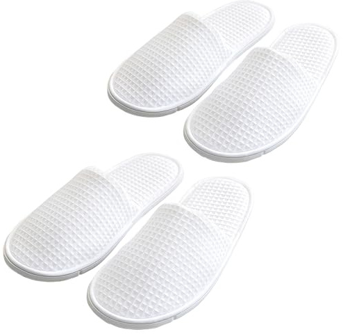 Bamboopack 2 Pairs Waffle Closed Toe White Spa Slippers - Disposable for Men and Women, Hotel Guest, Any Parties