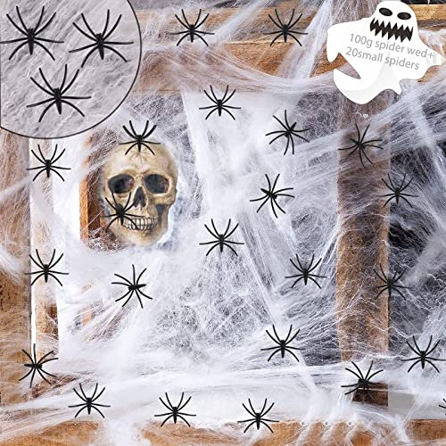 Booaee Set di Decorazioni per Halloween, Ragnatela Decorativa 100g ragnatele con 20 Ragni Finti, Ragni Horror e ragnatele Bianche per Feste di Halloween e Feste per Esterni Porte finestre caminetto
