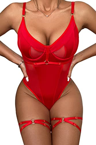 Aranmei Body en dentelle sexy pour femmes avec entrejambe à boutons-pression et bretelles avec body en string - Ensemble de lingerie, Rouge, M