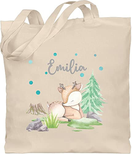 Baumwolltasche - Reh mit Name personalisiert I Rehlein I Rehkitz I Waldtier - Unisize - Naturweiß - kita wechselkleidung beutel stoffbeutel kindergarten tier waldtiere stofftasche