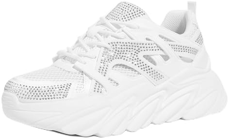 LUCKY STEP Women's Rhinestone Sneaker Chunky Fashion Platform Sparkly Walking Shoes(White Rhinestone,8 B(M) US)