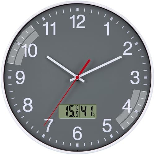 Warminn Digital LCD Küchenuhr Wanduhr mit Thermometer und Hygrometer Lautlos 30cm Quarz Groß Batterie Betriebene Einfach zu Lesen für Zimmer Zuhause KüChe Schlafzimmer Büro Schule