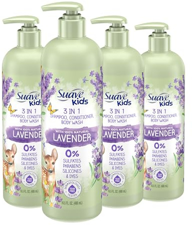 Suave Kids Natural Lavender Oil 3-in-1 Tear Free, Body Wash, Shampoo and Conditioners, No Sulfates, No Parabens, No Silicones, No Dyes, 16.5 Oz Pack of 4