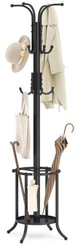 SONGMICS Coat Rack Freestanding, Coat Rack with Umbrella Holder, Metal Coat Rack Stand with 12 Hooks, for Entryway, Hallway, Living Room, Bedroom, Ink Black URCR011B01V1
