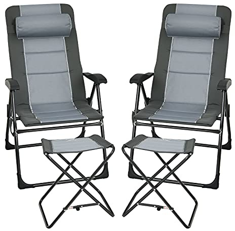 COSTWAY Set of 2 Camping Chairs and Footrests, Folding Patio Chairs with 7-Position Adjustable Backrest, Comfy Headrest, Padded Seat & Storage Mesh Bag, High Back Recliner Sunlounger, 136kg Capacity