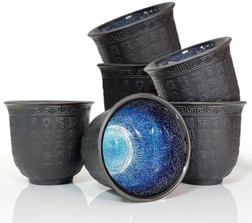 NIUKOMY Lot de 6 Tasses à Thé Chinoise, Tasse à Thé Sans Anse Japonaise en Céramique, Tasses à Thé Kung Fu Petite en Porcelaine, Motif de Caractère Chanceux en Relief, 160ML
