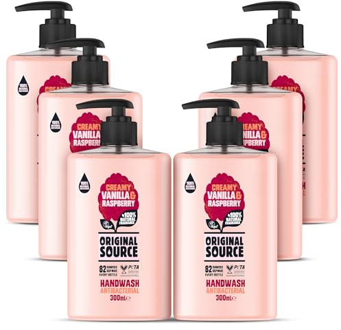 Original Source Vanilla Milk and Raspberry Handwash with 100% Natural Fragrance, Vegan Handwash, Antibacterial, Natural Moisturisers, Multipack of 6 x 300 ml