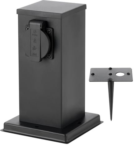 Garten Steckdosensäule mit Erdspieß für außen,IP44 Wasserdichte Edelstahl, 2-Fach Schwarz Gartensteckdose,2 Steckplätze Max.3680W