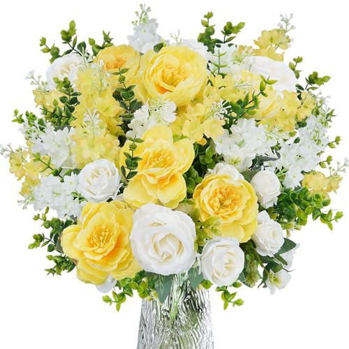 Luabue Bouquet de Fleurs Artificielles Rose Blanche Pivoine Jaune Jacinthe avec Feuilles D'eucalyptus Faux Fleurs Décoration pour Maison Table Mariage Décoration