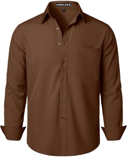 PARKLEES Men's Regular Fit Dress Shirt Solid Wrinkle-Free Long Sleeve Casual Business Button Up Shirts with Pocket