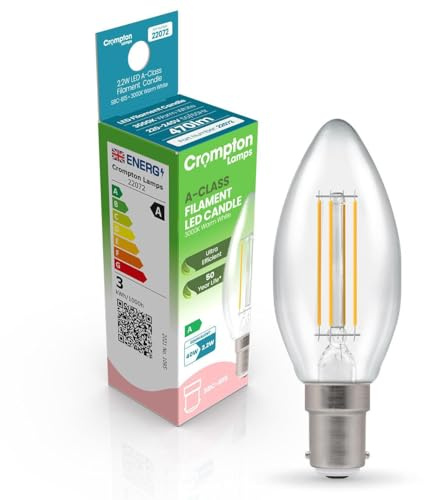 Crompton Lamps LED Ultra-Efficient Candle 2.2W SBC-B15d A-Class (40W Equivalent) 3000K Warm White Clear 470lm SBC Small Bayonet B15 A-Rated Light Bulb