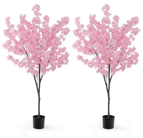 COSTWAY Set med 2 konstgjorda körsbärsträd, konstgjord växt, 190 cm, konstträd med blommor i rosa, blomträd i kruka, blomträd, körsbärsträd, Sakura, för bröllop, hem, kontor, vårdekoration, rosa
