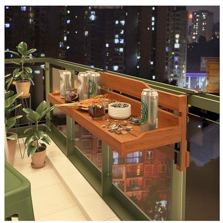 Mesa plegable para balcón, mesa de bar de madera para barandillas, pequeña mesa auxiliar colgante para porche, terraza, patio y jardín, muebles de balcón que ahorran espacio, 60 x 25 cm (largo x ancho