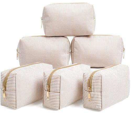 Sanwuta 6 Pcs Seersucker Cosmetic Bags Bulk Seersucker Makeup Bags Stripe Women Pouch Large Preppy Storage Pouch Toiletry Travel Organizer for Wedding Bridesmaid Bride Favor Mom Gift (Khaki)