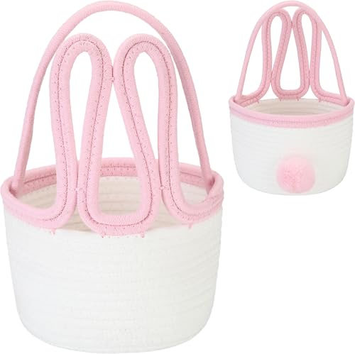 Sea Team Cesta de Conejo de Pascua para Niños, Bolso de Cuerda de Algodón con Orejas y Cola de Conejo, Cesta para Huevos y Almacenamiento, Decoración de Pascua, Orejas Rosas