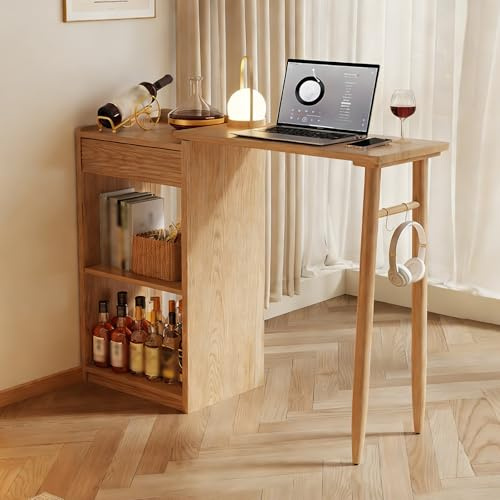 360° Svängbar och Uttagbar Bartabell, Massivträ Pub Högt Bord, med Underbod, för Små Utrymmnen, Lägenhet Vardagsrum(Beige,147x95x40cm/58x37x16in)
