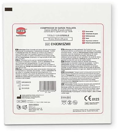 RAYS 20 compresse di garza idrofila sterile in buste singole 10x10 cm, 25 strati, 100%