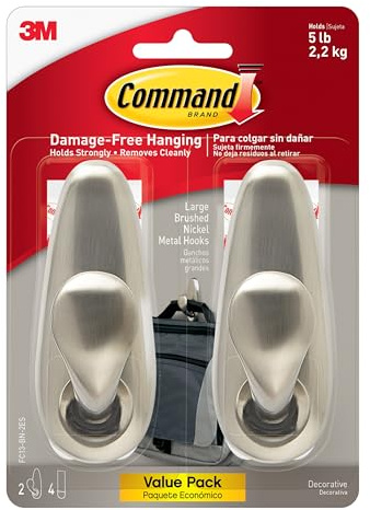 Command FC13-BN-2ES Large Forever Classic, Brushed Nickel, 2 Hooks, 4 Strips/Pack