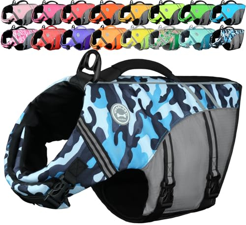 VIVAGLORY Giubbotto Salvagente Stile Sportivo per Cane con Flottabilità Aggiuntiva, Gilet da Nuoto Regolabile e Resistente per Cani Piccoli, Camo Blu