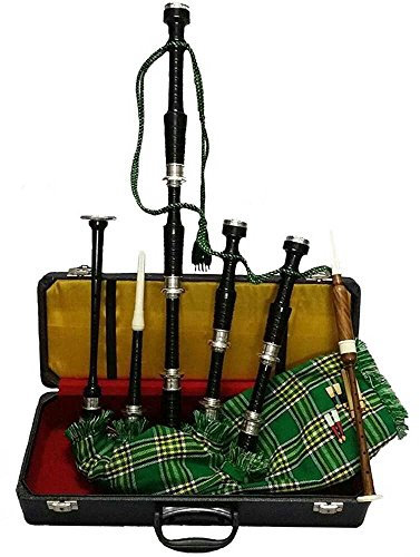 Great Highland-Dudelsackpfeife, Palisanderholz, schwarzes Finish, silberfarbenes Passepartout in fester Box, mit Tutor-Buch (evtl. nicht in deutscher Sprache) Full Size 40 x 20 Irish National