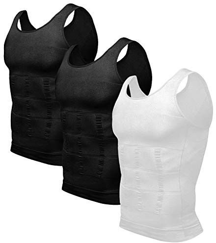 Odoland Men's 3 Pack Body Shaper Base Layer Shirt Tummy Shirt, Black/Black/White, M