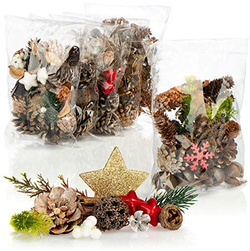 COM-FOUR® 6X Decoraciones navideñas en una Bolsa con Conos, Estrellas y ramitas-Decoraciones de Mesa-Coronas de Adviento (6X Bolsas: Conos. Estrellas. Escamas)