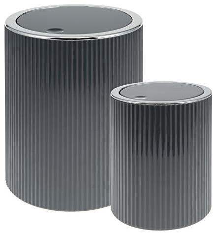 bremermann GAVELLO Cosmetic Bin with Swing Lid/Mini 1.5 L and 5.5 L Bath Bucket with Grooves Design Plastic Grey Round Set of 2