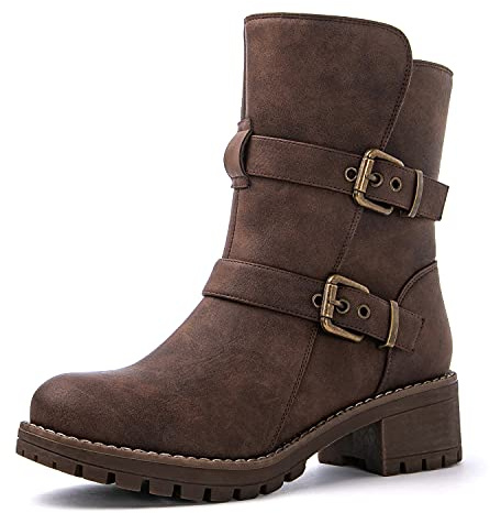 GLOBALWIN Women's Ankle Boots Brown Boots For Women Faux Fur Lined Winter Moto Boots Ankle Booties With Adjustable Double Buckles Size 7M