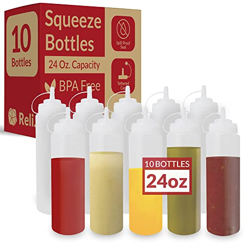 Reli. Plastic Squeeze Bottles, 24 oz. | 10 Pack | Condiment Squeeze Bottles for Sauces | Clear w/Tethered Caps | 24 Ounce Hot Sauce, Ketchup | Condiments, Olive Oil, Liquids