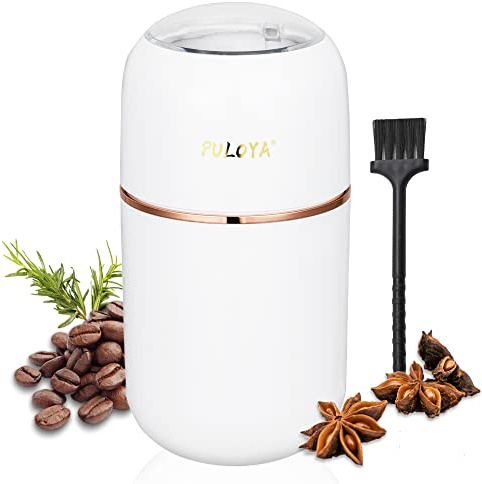 PULOYA Coffee Grinder Electric for Beans, Spices, Herbs, Grains and Nuts, Stainless Steel Blades, 2.8 oz, White