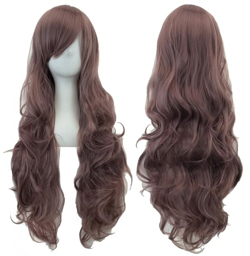 IMISSU - Peluca de 80 cm de pelo rizado natural con flequillo para cosplay, colorida, para disfraz de Halloween, fiesta temática para mujer (lila ceniza)