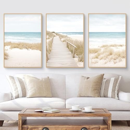 3er Poster Set, Boho Blauer Meerblick Wandbilder, Natur Strand Wild Schilf Bilder, Modern Wanddeko, Vintage Bilder Deko für Wohnzimmer Schlafzimmer-Ohne Rahmen (40x50cm)