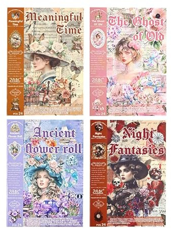 Bomichi 4 Different Goth Themes Sticker Pad,Vintage and Goth Aesthetic Washi Stickers Book, Die-Cut Sticker Book for Phone Scrapbook Junk Journal Collage DIY Crafts