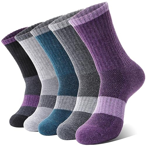 MOSEY KOSY 5 Pairs Women's Wool Walking Hiking Thermal Socks Winter Boot Work Warm Cushion Socks(Grey/Purple/Green,3-7)