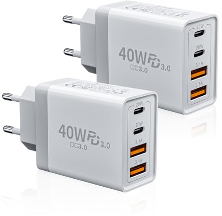 Caricatore USB C 2 Pack, 40W 4-Porto Presa USB Caricatore Multipla USB A + Caricatore Rapido Tipo C, Spina USBC Alimentatore Caricabatterie per iPhone 16 15 14 13 12 11 Pro Max XS XR X 8, Samsung