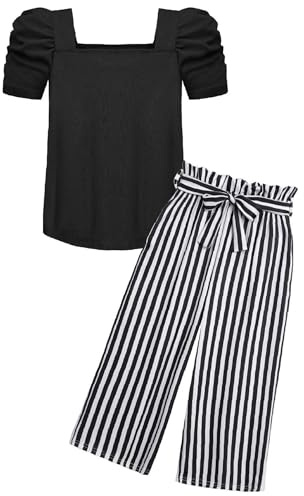 Arshiner Girls Clothing Sets Kids Fashion T-shirts with Trousers Set Puff Sleeves Top with Printed Trousers Set Summer Casual Outfits for Girls 9-10 Years 140 Black & White Striped