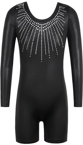 ZNYUNE Einteiliger Mädchen-Gymnastikanzug, langärmelig, glitzernd, Tanzen, athletisch, Balletteinteiler für 3–12 Jahre, B390, Schwarz, Größe 120
