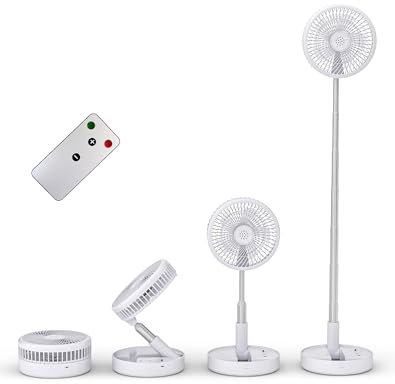 Primevolve 8 Ventilator Faltbarer mit Fernbedienung, 7200mAh Akku USB Standventilator Fan Tragbarer für Outdoor Reise Camping, Tischventilator Leise für Schlafzimmer Büro- Weiß